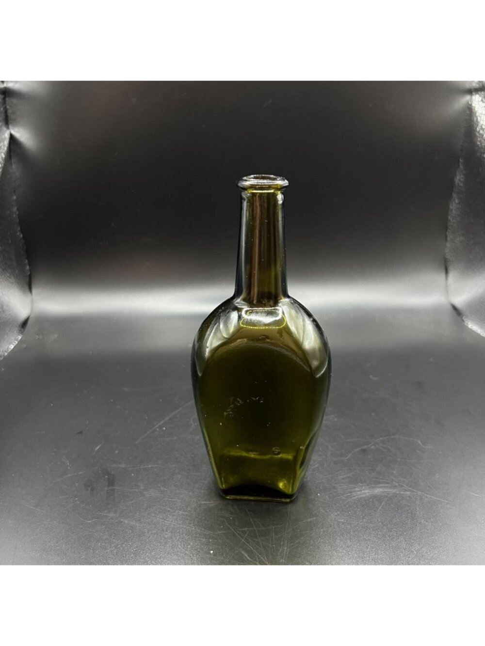 Vintage Green Glass Bottle Embossed Base Square Shape Narrow Neck Collectible